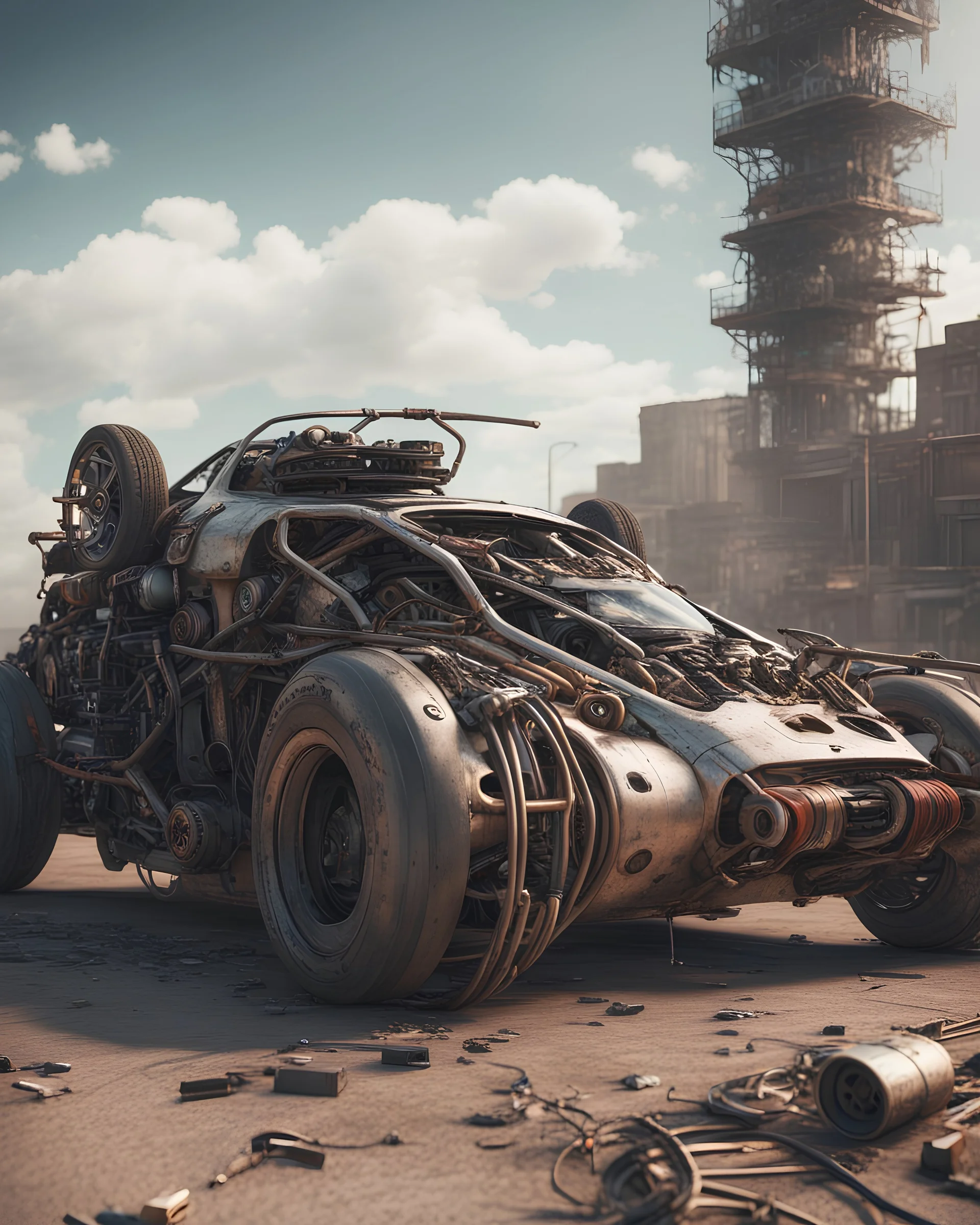 Futuristic car made with engine parts and wires dysoptia cyberage HAWKEN postapocalyptic dysoptia scene photorealistic uhd 8k VRAY highly detailed HDR