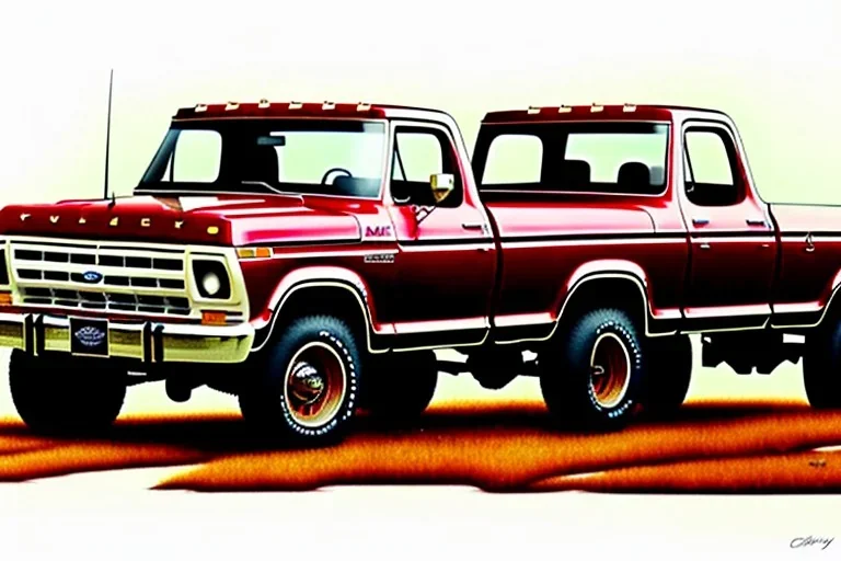 a true-to-life 1978 ford f-150 truck, centered, intricate, extreme detailed, photorealism, center view, farm background, pivot on ford, pen and color marker, painting by cheryl kelley