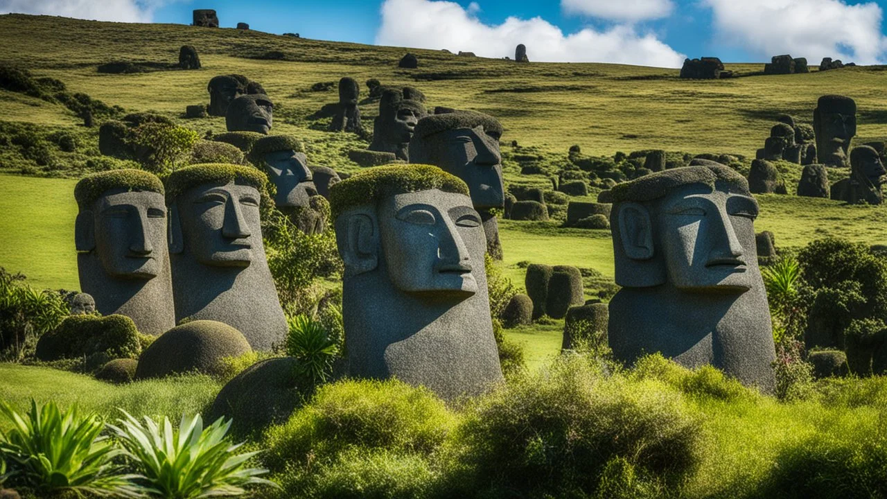 calm beauty, fantasy, magic, splendor, uplifting, inspiring, therapeutic, Easter Island stone statues with faces, some wearing spectacles, some with vegetation beards, mustaches, hair, springtime, sunlight, chiaroscuro, color, award-winning colour photograph, Nikon 135mm, style Disney, style Salvador Dali