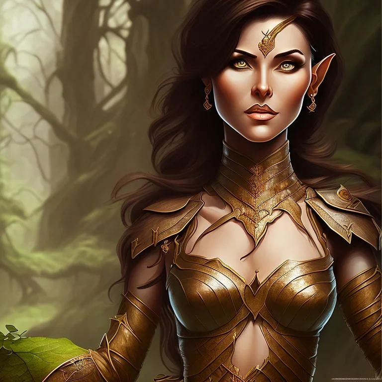 dungeons and dragons, female wood elf, druid, brown hair, brown eyes, full body, realistic face, short hair, large nose, closed mouth, leather armor, dark skin, one person