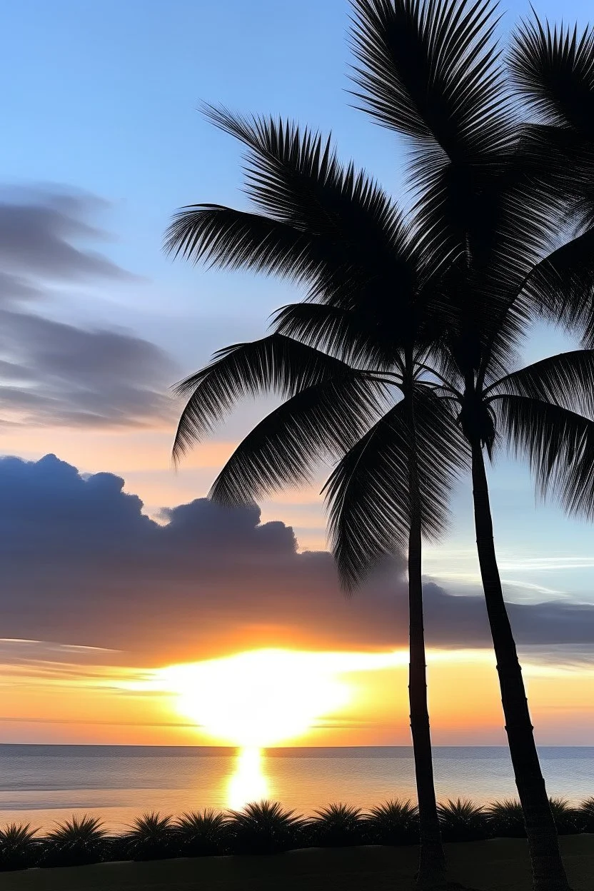 A picture of the sky at sunrise with some palm trees by the sea