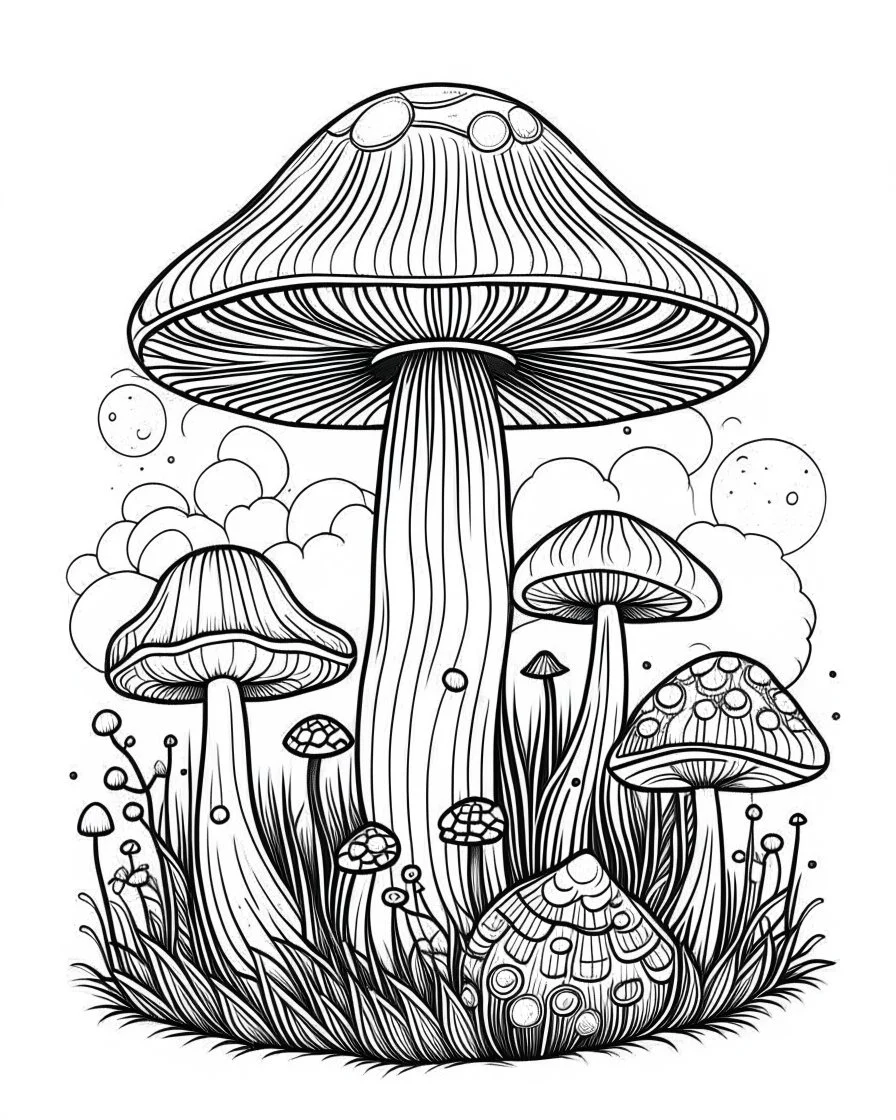 mushroom world minimalistic landscape. line art, background, vector, svg, coloring book page style, black outline on white background