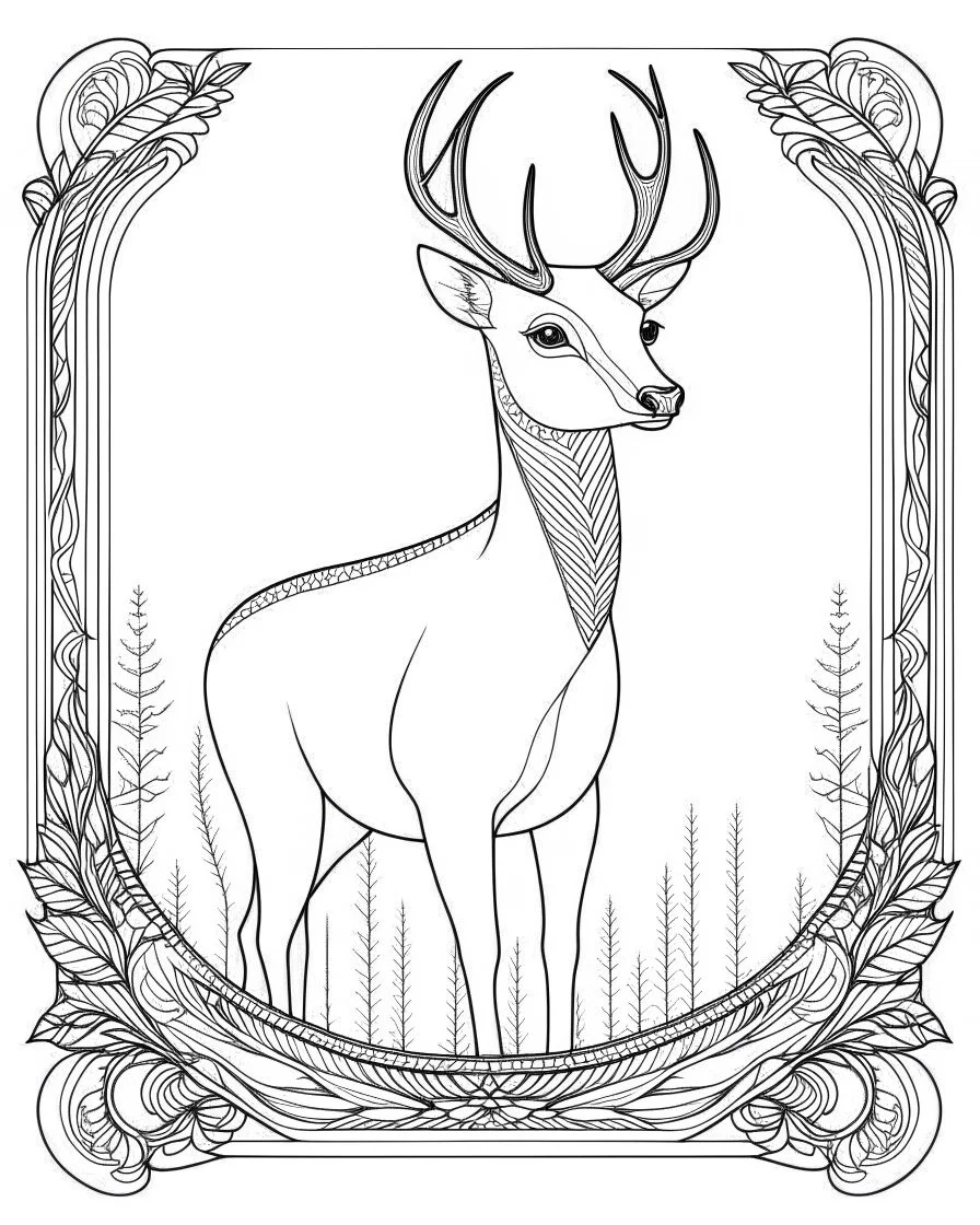 coloring pages:A whimsical deer in a coloring page, surrounded by a delicate rectangular frame adorned with swirling patterns, reminiscent of an enchanted forest. Capture the essence of joy and playfulness