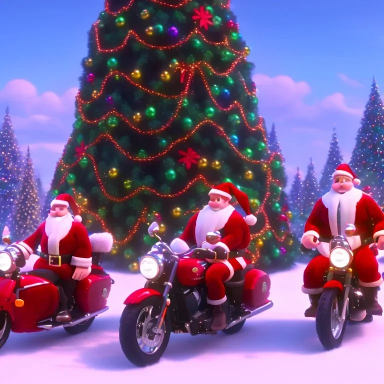 multiple santas driving a motorcycle arround christmass tree