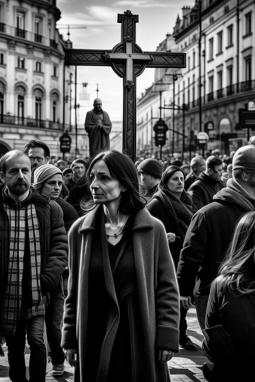 woman in the midle of a cross peatonal in e great city; behind her, unfocaused, other people walking, realism, black and white