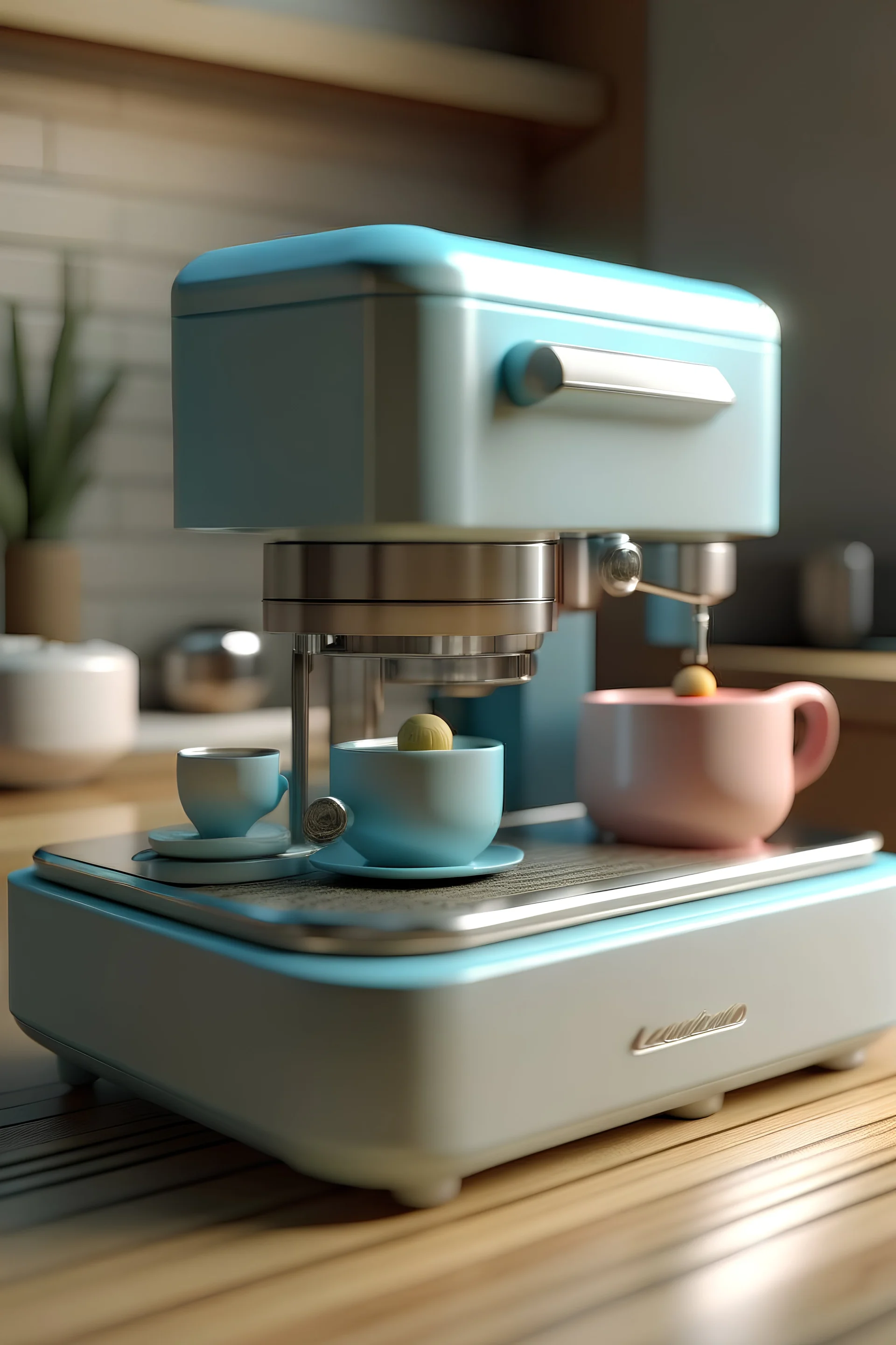 3d model esspreso machine with metal, plastic and wood in pastel colors on the wood kitchen table