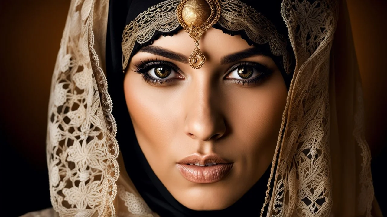 an arabic woman with striking golden-brown eyes, which are partially concealed by a dark lace headscarf looking into the camera. The combination of her lace headscarf, beautiful eyes and the fine lace of her face veil creates an intriguing and visually appealing scene, highly detailed, high contrast, perfect lights, masterpiece