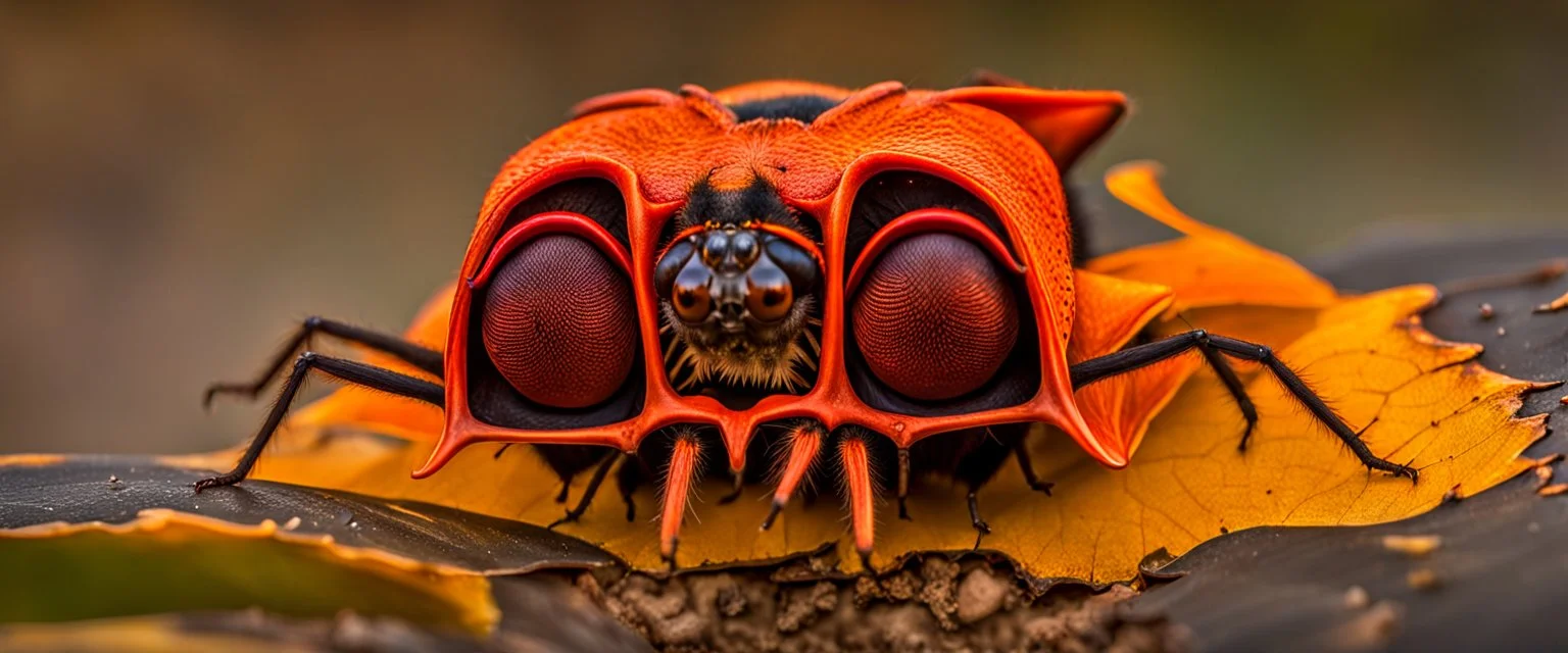 A national geographic award skin color patterned like a poisinous incect or reptile, horrorcore, science gone crazy, winning photograph of of a bat spider housefly station wagon hybrid in nature and on the hunt, 64k, reds, oranges, and yellows anatomically correct, 3d, organic surrealism, dystopian, photorealisitc, realtime, symmetrical, clean, 4 small compound eyes around two larger compound eyes, surrealism telephoto dynamic lighting 64 megapixels Unreal Engine volumetric lighting VRay