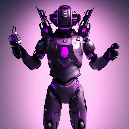 cute, handsome man in futuristic suits, black and white highlight hair color, pink and purple background, pink lighting, deep purple backlighting, gun, smoke, robot suits