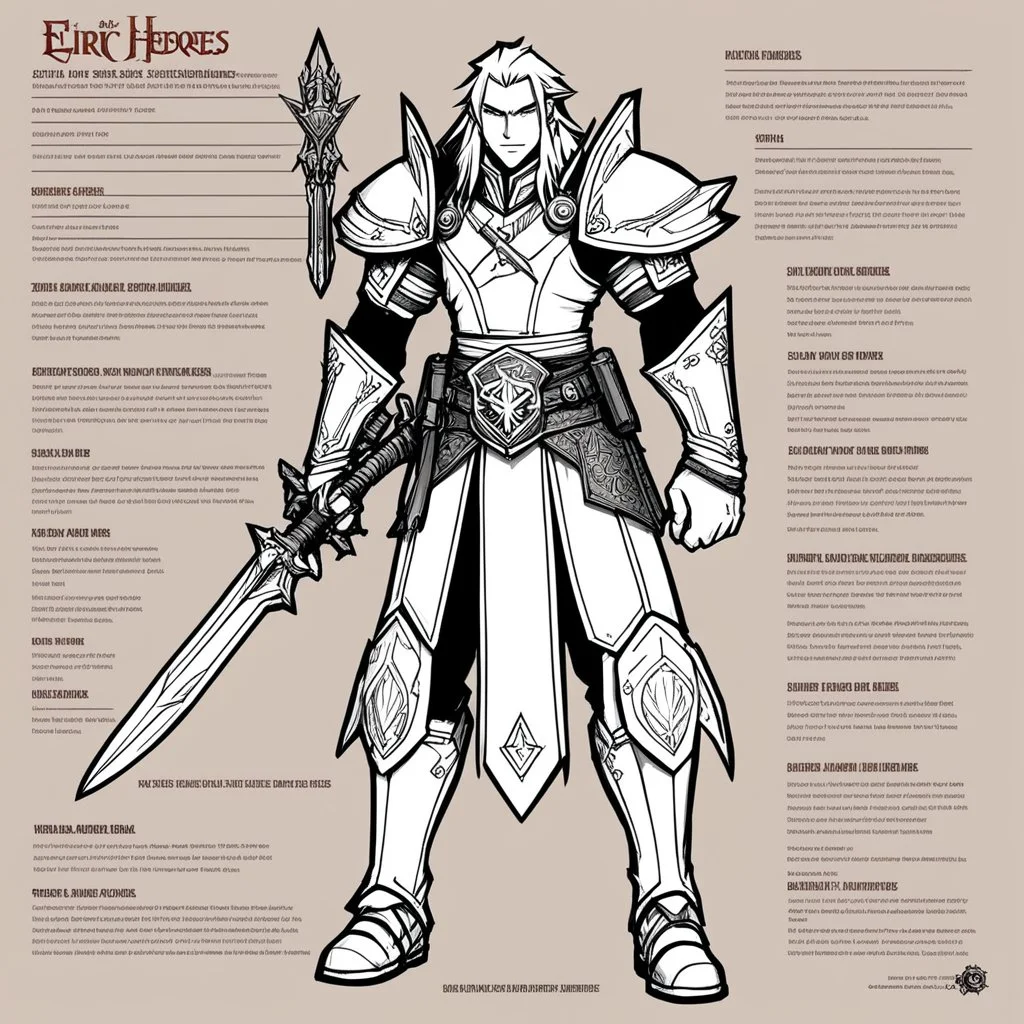 character concept sheet with AD&D statistics and characteristics, [wii No More Heroes style with thick lines] Elric of Melniboné