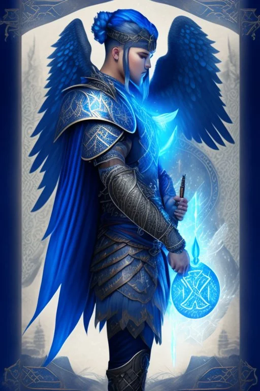 a person in runic armor with blue wings, blue short hair, runic tattoo and spell book, male