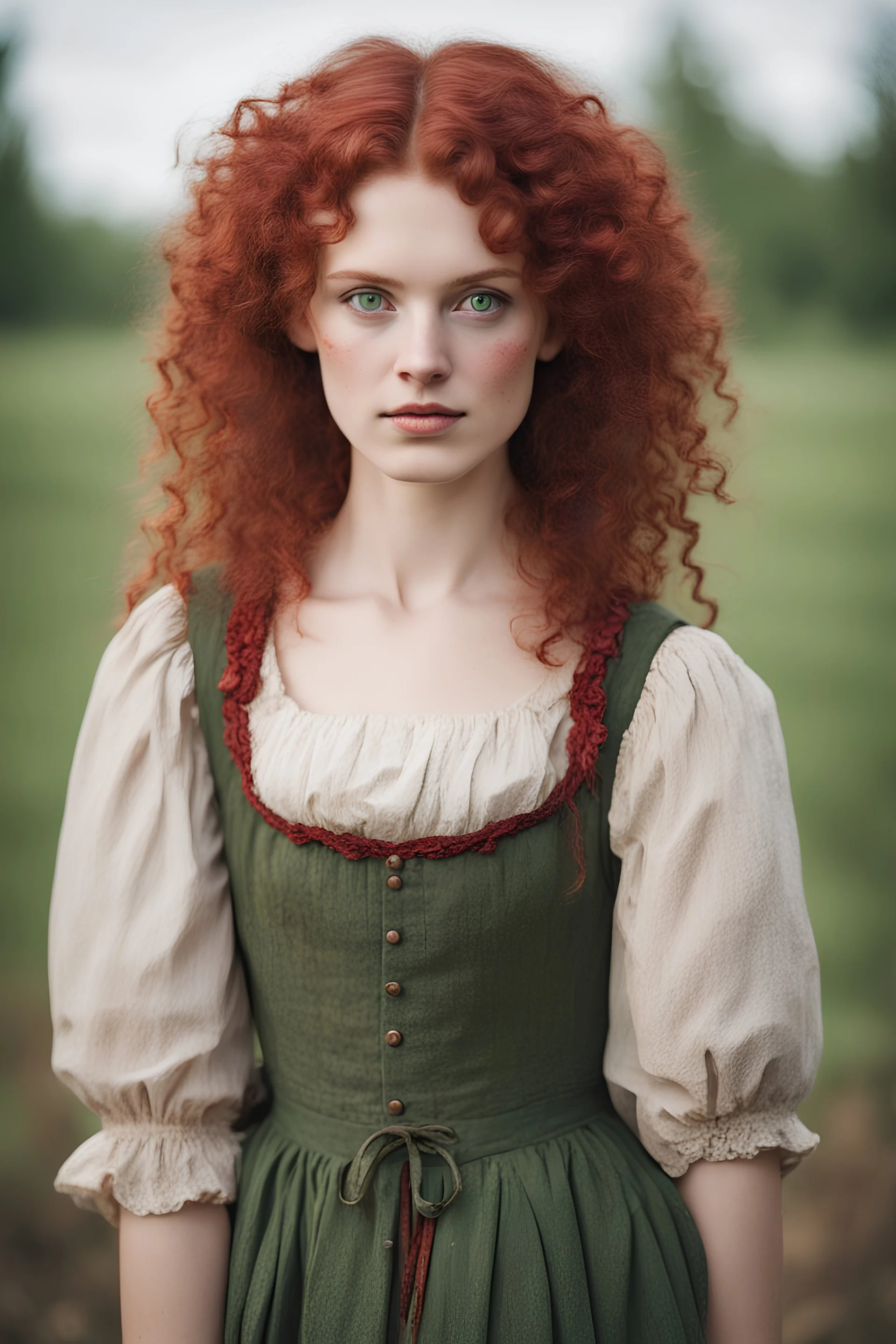 young woman with green eyes, blood red and curly hair. Dressed in a simple 19th century peasant dress