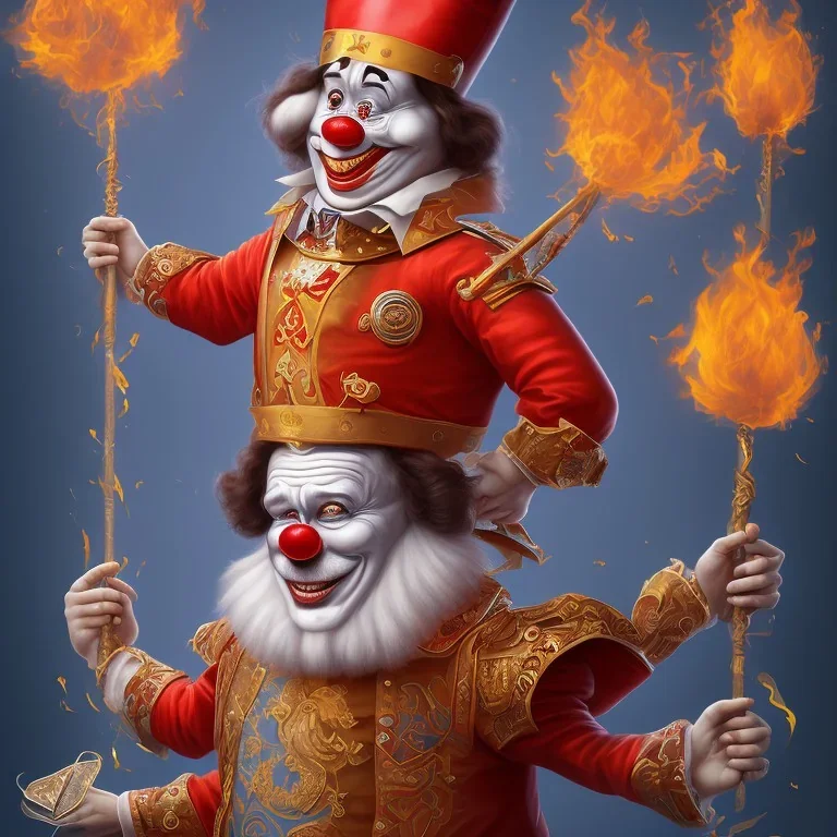 Bouffon du roi. Bouffon air sadique. Jongle avec quilles en feu.