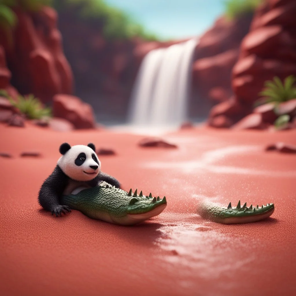 pen outline, waterfall, crocodile panda on the red sand beach ,bokeh like f/0.8, tilt-shift lens 8k, high detail, smooth render, down-light, unreal engine