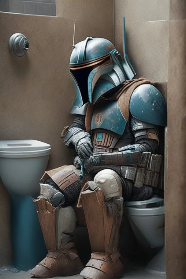 The Mandalorian sitting on a toilet