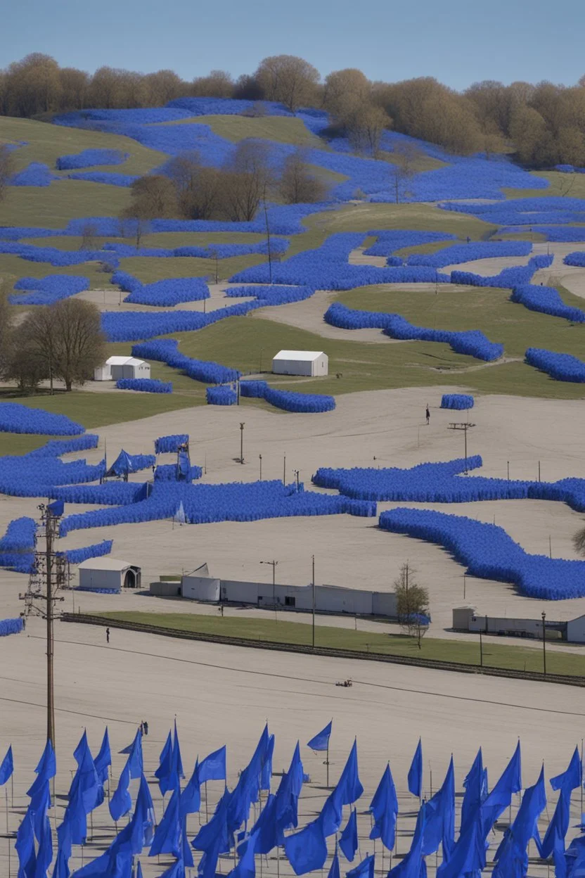 Rural city filled with blue flags to celebrate an election
