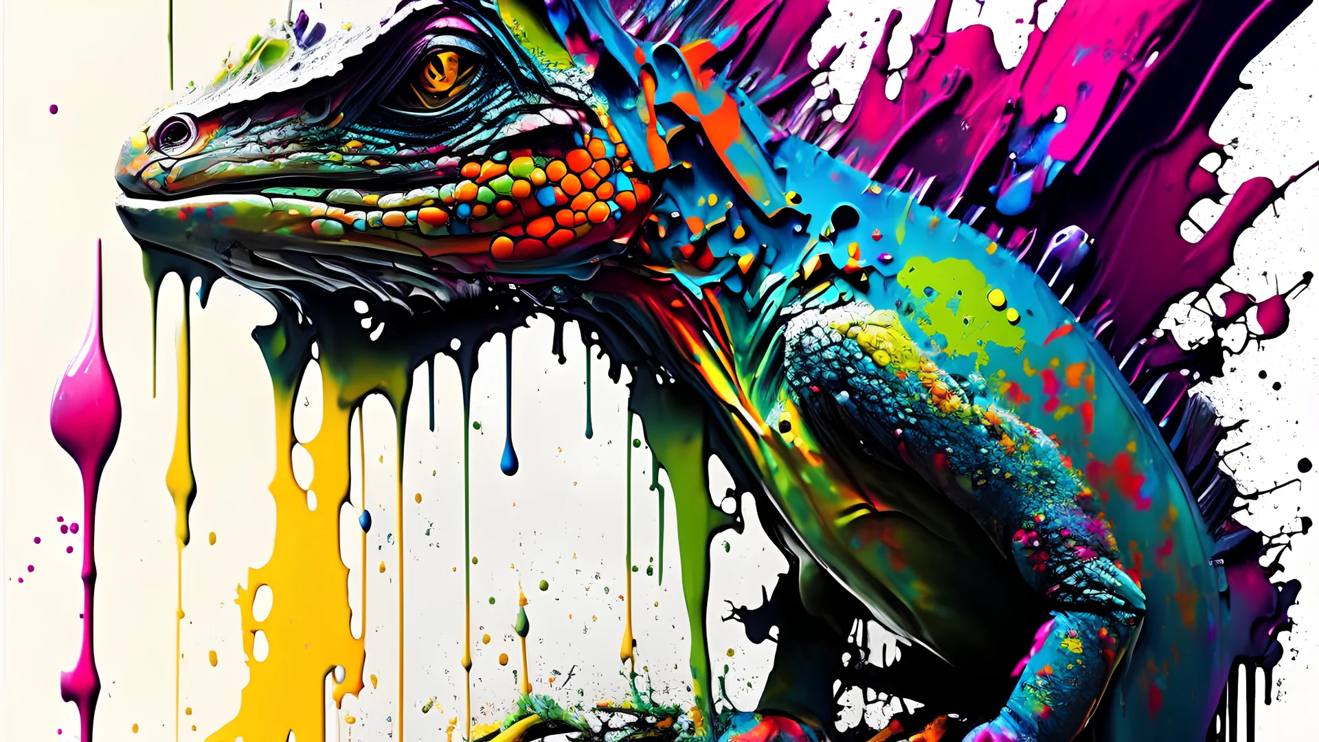 graffiti art, splash art, street art, spray paint, oil gouache melting, acrylic, high contrast, colorful polychromatic, ultra detailed, ultra quality, CGSociety, plant based lizard