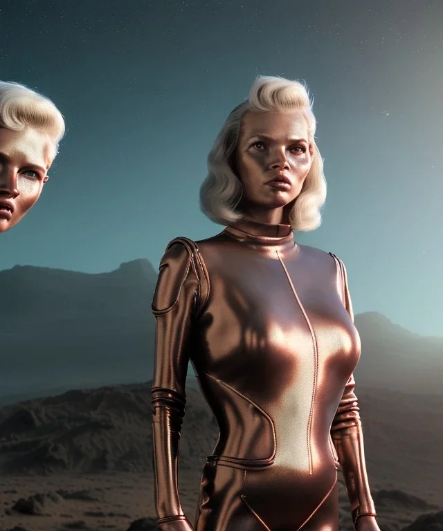 Ultra Realistic retro sci-fi movie scene, waist up view portrait, 5 clones blonde women, sweet young Kate moss face, perfect iris, glow eyes, face makeup, shave hair. Mars background, martians back, Retro sci-fi style, helmet, tight latex coat, fog, rain, soft color, highly detailed, unreal engine 5, ray tracing, RTX, lumen lighting, ultra detail, volumetric lighting, 3d, finely drawn, high definition, high resolution.