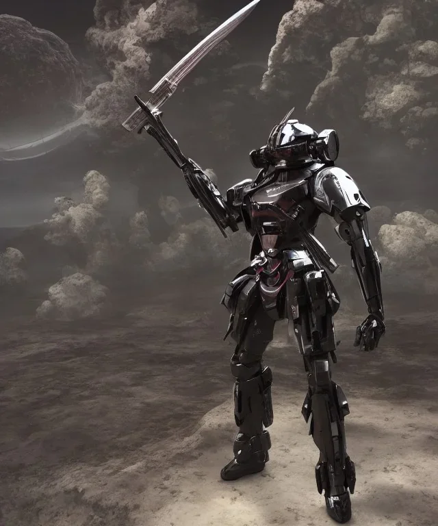 Photorealistic futuristic shiny samurai mechwarrior holding large katana on the surface of an alien planet