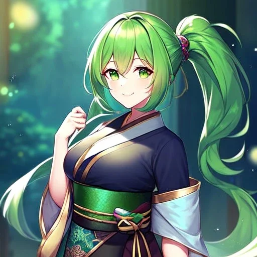 girl, masterpiece, best quality, volumetric lighting, detailed outfit, perfect eyes, long hair, green hair, green eyes, obi, low ponytail, smile,