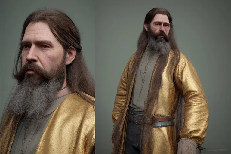 braided long haired bearded tall man wearing gold rings and rugged long merchant's coat, medieval fantasy