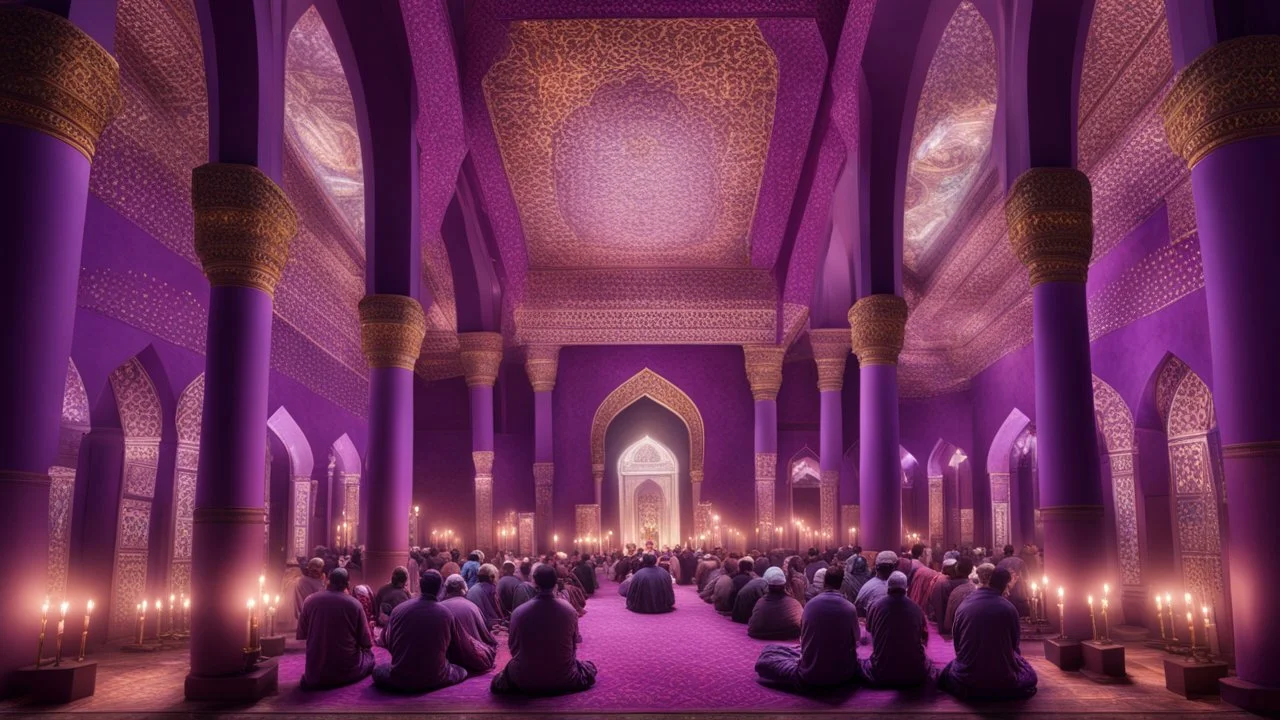 Hyper Realistic Photographic-View of lots of Muslim-Men praying inside a Massively-Huge-Beautifully-Crafted-Purple-&-Maroon Wall-Mosque with detailed-pillars & Garland-Light-Decorations-&-Lamps with dramatic-&-Cinematic-Ambiance at night.