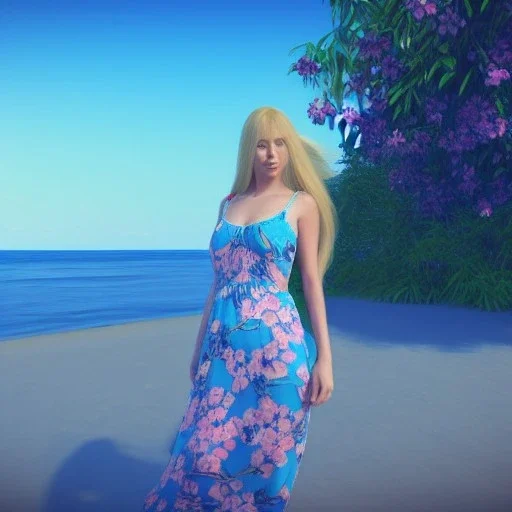 Beautiful full body woman blue eyes long blond hair in an hippy blue flower dress on a beach, unreal engine, 4k