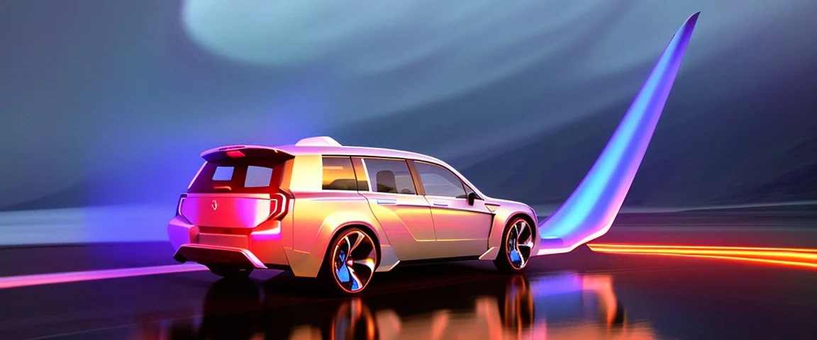 award winning car and driver photograph of a futuristic station wagon designed by only one vehicle per image painted metallic orange traveling at a high rate of speed, jet intake off of front center of vehicle and jet exhaust out the rear with bright blue flame, bilaterally symetrical, more a high speed road vehicle