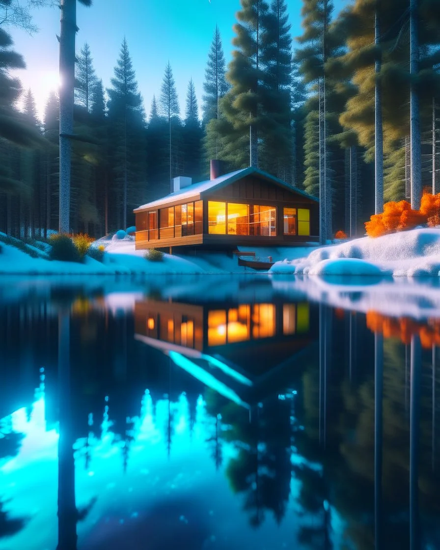 Forest reflected in the lake winter cabin hyper-detailed digital photorealistic 8k art