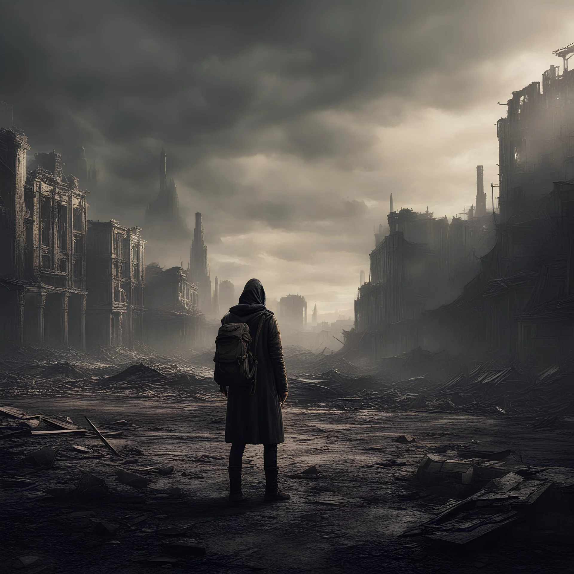 lone wanderer in a apocalyptic ruined city