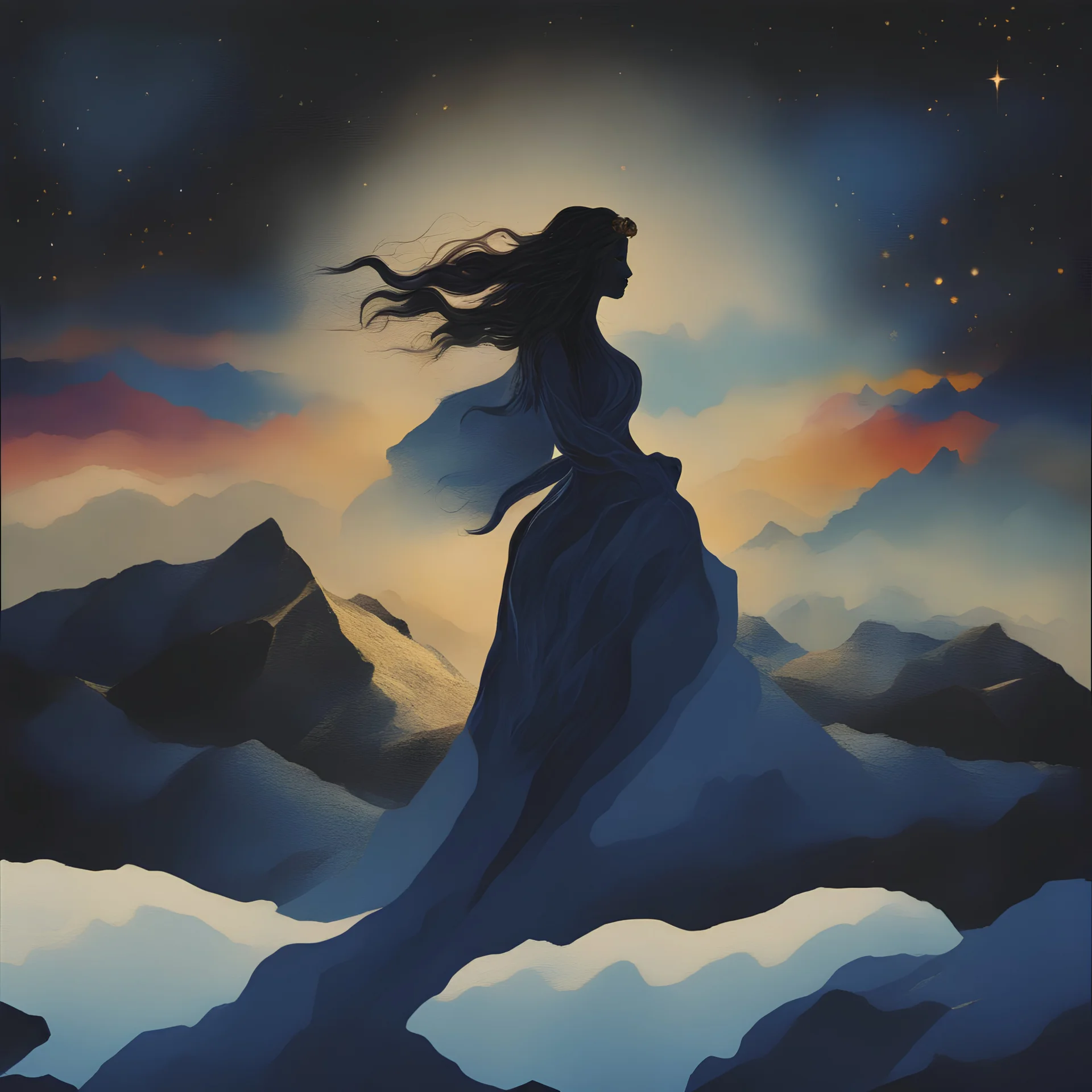 a shadow of a woman on top of a mountain, dark blue glowing light, dark, magic, fantasy, stars, sparkle, golden dragon through sky, in the style of kandinsky
