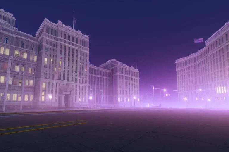 hstreet view of hospital from across the street, night time , unity, scriptable render pipeline , lighting , volumetric , global illumination, fog , purple emission , purple tone.