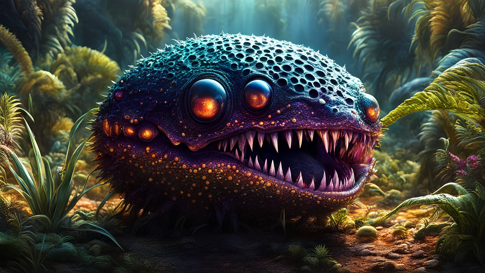 a xeno organism with hundreds of holes and fangs, extraterrestrial planet, colorfully xeno plants, hyperrealism, digital art, realistic, gorgeous, highly detailed, hdr, matte painting, masterpiece, vintage fantasy art, super detail, cinematic backlighting, magical deep shadows, ultra-realism