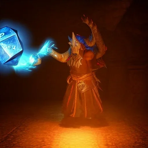 Dungons and dragons, twilight cleric, holding aloft a glowing D20,bluish gold light emanating from D20, hyperrealism,unreal engine,cinamatic lighting,post processing