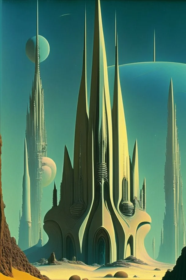 Cathedral on an alien planet; style of Chesely Bonestell.