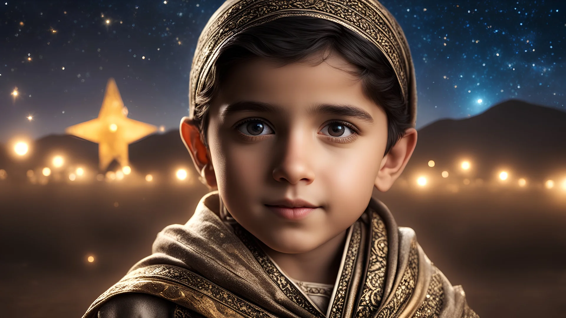 little very young Syrian boy, handsome, peaceful, gentle, confident, calm, wise, happy, facing camera, head and shoulders, traditional Syrian costume, perfect eyes, exquisite composition, night scene, fireflies, stars, Syrian landscape, beautiful intricate insanely detailed octane render, 8k artistic photography, photorealistic concept art, soft natural volumetric cinematic perfect light, chiaroscuro, award-winning photograph, masterpiece, Raphael, Bouguereau, Alma-Tadema