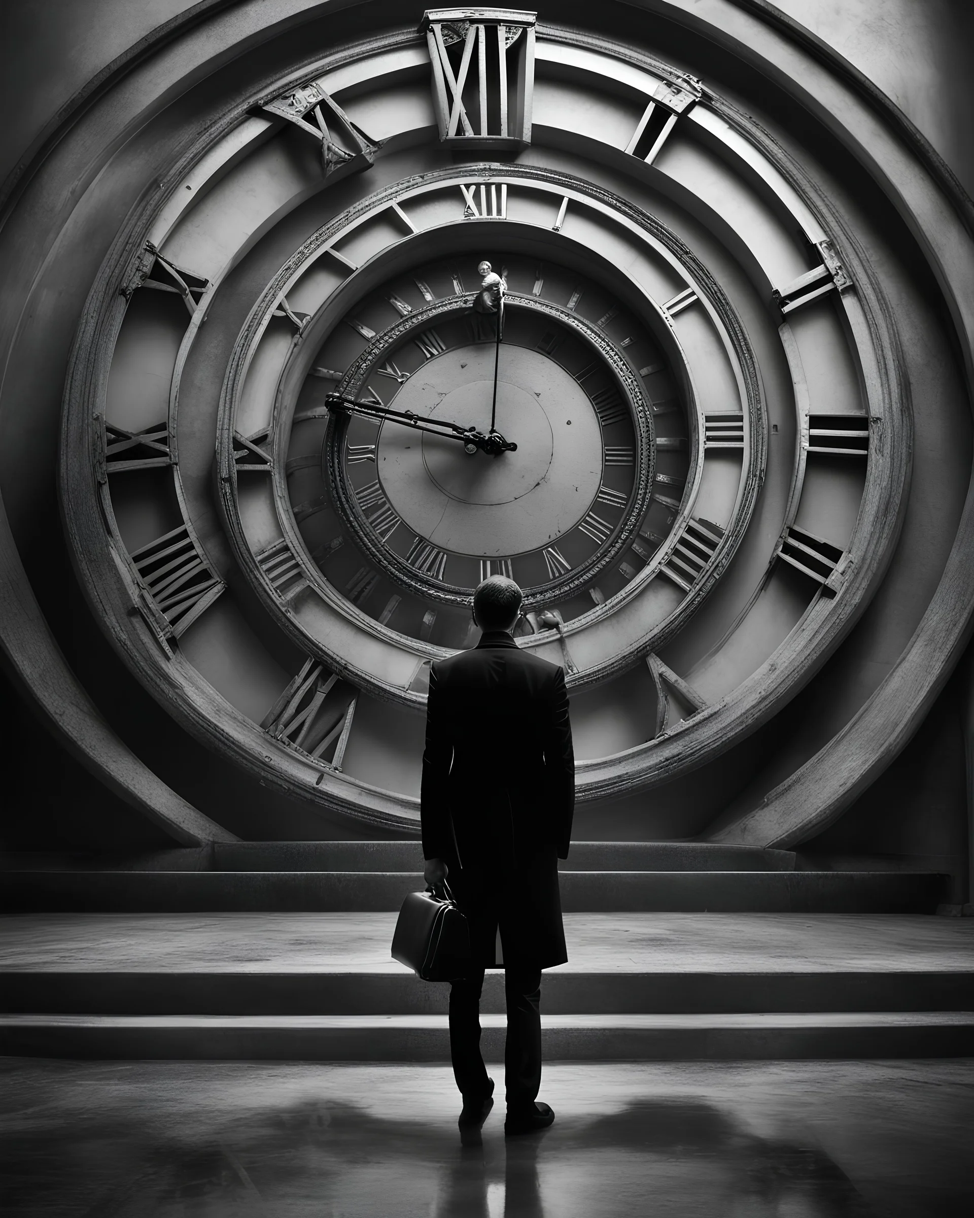 Concept photo, artistic photo, illusion, surrealism, black and white, man in search of meaning, big clock