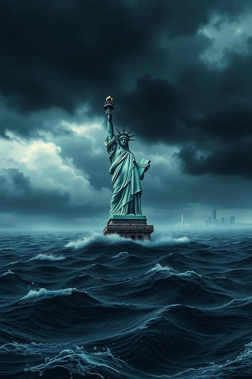 Hyperrealistic illustration of the Statue of Liberty sinking in a vast ocean, with waves gently lapping against it. The sky is dark and stormy, with heavy, ominous clouds swirling above. In the distance, surrounded , contrasting with the dramatic, turbulent atmosphere. The overall scene should be moody and surreal, with intricate textures on the statue is highlight its grandeur and mystery.