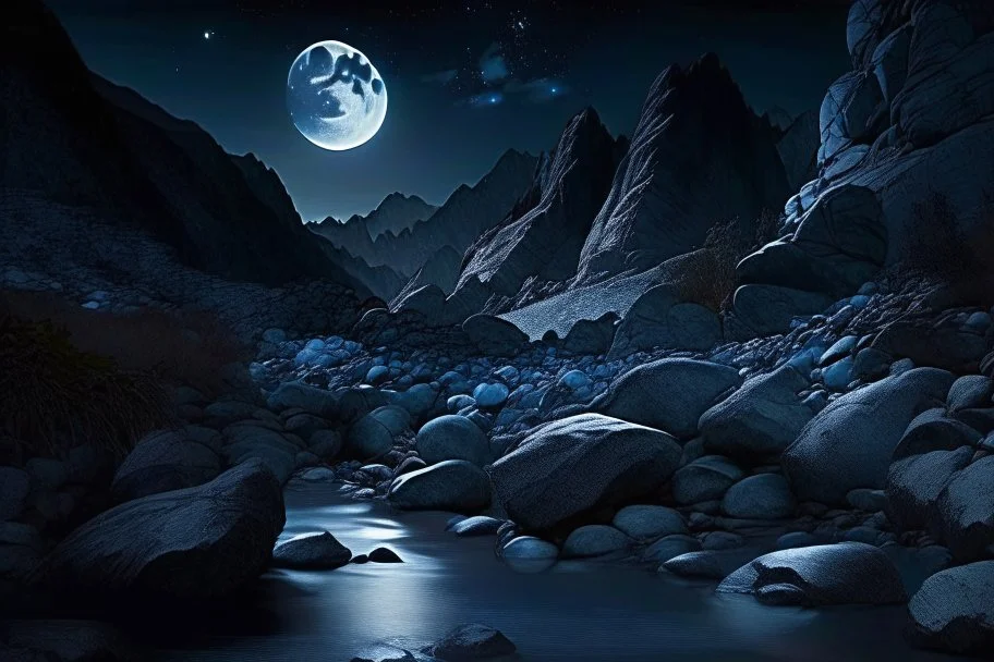 Night, moon, mountains, stream, rocks