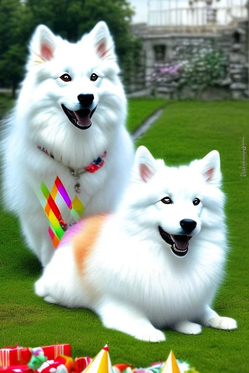 Cute, fluffy, happy looking white Samoyed dog with a small Corgi dog sitting next to it, colorful, summer time, birthday, festive atmosphere, detailed, congratulating