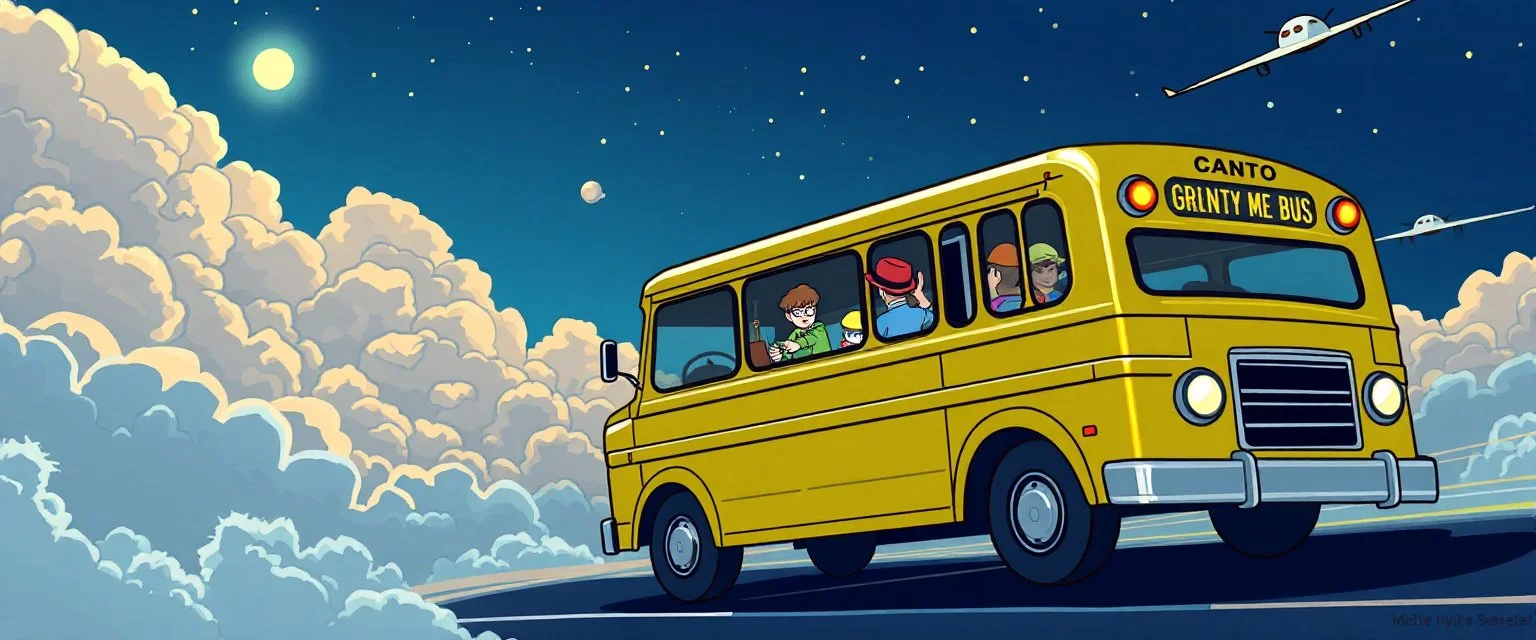 “The Flying Metal Bus” (Verse 1) Mr. Jenkins drives a bus of gold, Through cotton-candy clouds and stories untold. Kids in the back, wearing hats of neon light, While he riffs a metal solo that takes flight.