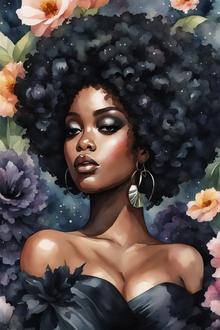 Create an watercolor image of a curvy black female wearing a black off the shoulder blouse and she is looking down with Prominent makeup. Highly detailed tightly curly black afro. Background of large black flowers surrounding her