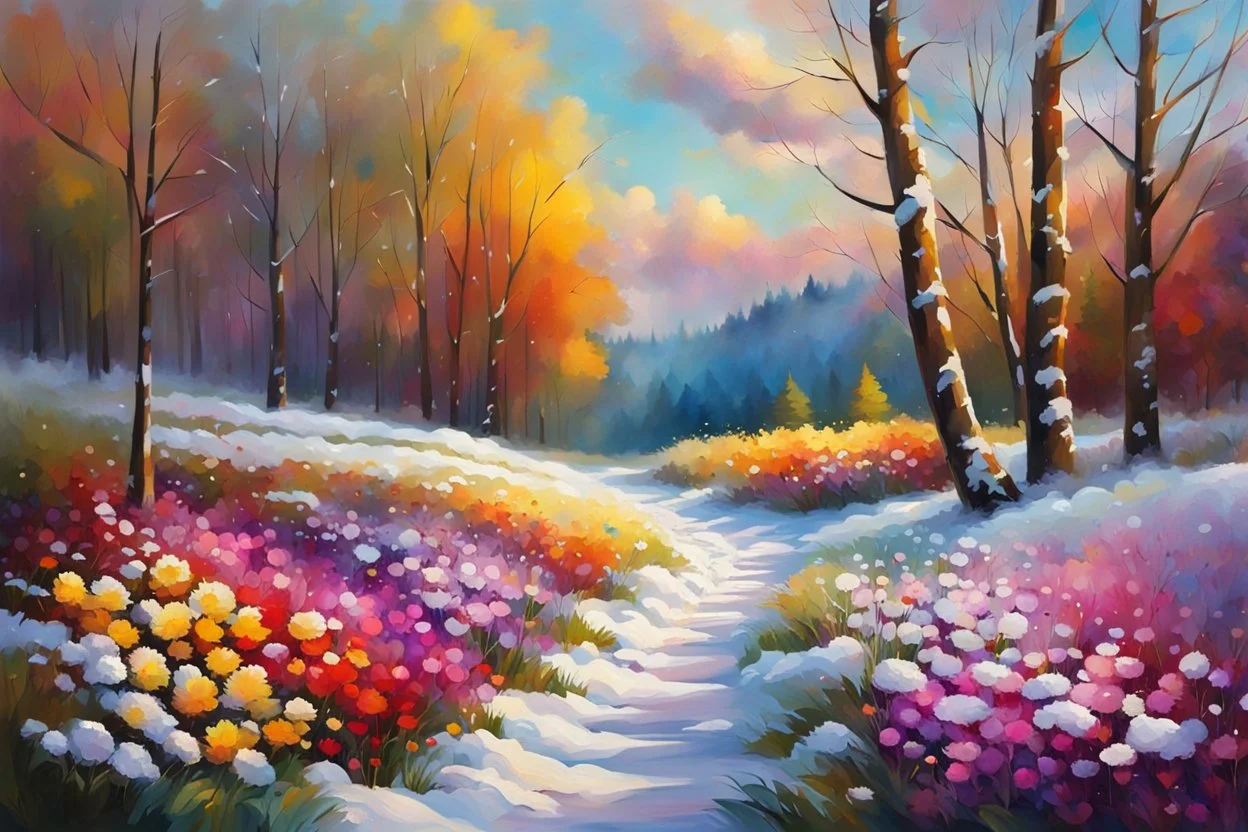 a field filled with lots of flowers next to a forest, footsteps in the snow, beautiful master painting, splashes of colors, path, very attractive and beautiful clouds, ( land ), pathway, color splashes, beautiful view, soft edges, stunning screensaver.