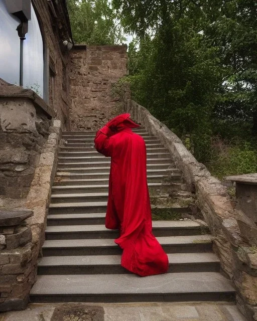 mysterious epic wizard walks up a tall stone stair case, lightning flashes in the sky, he is hurried, ragged red robes, carrying a staff with a crystal on the top