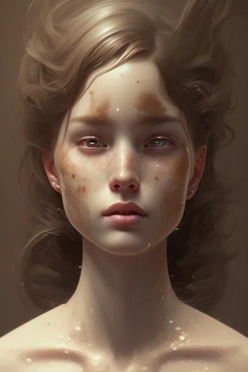 Boy, cute, brown hair, brown eyes, freckles,, head and shoulders portrait, 8k resolution concept art portrait by Greg Rutkowski, Artgerm, WLOP, Alphonse Mucha dynamic lighting hyperdetailed intricately detailed Splash art trending on Artstation triadic colors