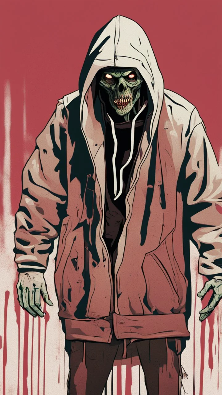 Create an ultra-wide photo of a decrepit zombie wearing an Adidas coat and hood, set against an abstract background. The overall style of the image should be a minimalist fashion with an Artgem twist. The zombie should be rendered in a decrepit and cadaveric style, with a focus on creating a sense of horror and decay. The Adidas coat and hood should be rendered in high detail, with a focus on capturing the texture and style of the clothing. The background of the image should be an abstract desig