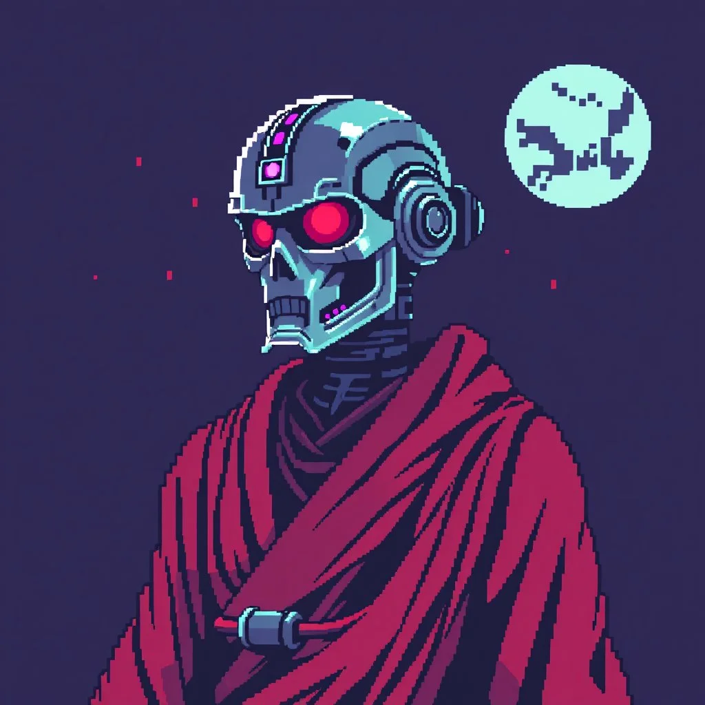 8 bit pixelart of a terminator like robot, synthwave colored, vaporware, budist monk robe