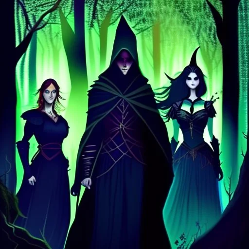 A group of four characters from a fictional book world. A witch, a gladiator, a thief, and an enchanter. The characters are in a dark forest. The characters are shrouded in mystery.