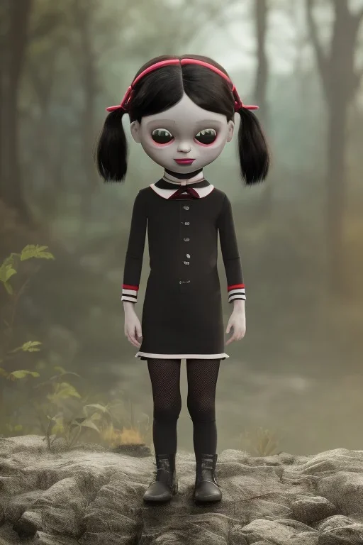 Wednesday Addams toddler, full body, jump, bokeh, hyper realistic