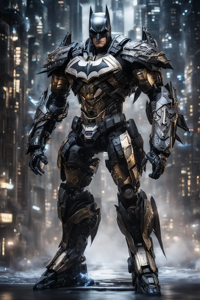 Fullbody photography front view of a Batman mech in transformative style, his metallic skin gleaming with intricate textures and intricate details, captured in an ultra-realistic style that blurs the lines between reality and imagination, cosmic background